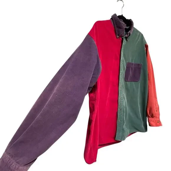 Vtg Lands’ End Colorblock Corduroy Shirt Men’s XL Tall Wide Wale Single Pocket - Picture 3 of 15